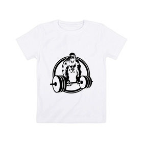 Детская футболка хлопок с принтом Горилла со штангой в Кировске, 100% хлопок | круглый вырез горловины, полуприлегающий силуэт, длина до линии бедер | горилла | кач | спорт | штанга