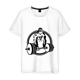 Мужская футболка хлопок с принтом Горилла со штангой в Кировске, 100% хлопок | прямой крой, круглый вырез горловины, длина до линии бедер, слегка спущенное плечо. | Тематика изображения на принте: горилла | кач | спорт | штанга