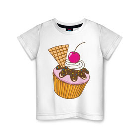 Детская футболка хлопок с принтом Кекс с вишней в Кировске, 100% хлопок | круглый вырез горловины, полуприлегающий силуэт, длина до линии бедер | вафля | вишенка | выпечка | для девшек | еда | кекс | кексик | маффин | рисунок
