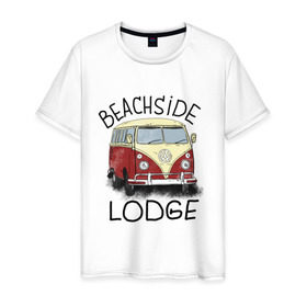 Мужская футболка хлопок с принтом Beachside lodge в Кировске, 100% хлопок | прямой крой, круглый вырез горловины, длина до линии бедер, слегка спущенное плечо. | beachside lodge | автобус | автомобиль | лето | машина | пляж