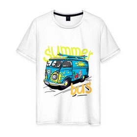 Мужская футболка хлопок с принтом Summer bus в Кировске, 100% хлопок | прямой крой, круглый вырез горловины, длина до линии бедер, слегка спущенное плечо. | summer bus | автобус | автомобиль | доска | лето | машина | серфинг