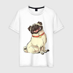 Мужская футболка хлопок с принтом Радостный мопс в Кировске, 100% хлопок | прямой крой, круглый вырез горловины, длина до линии бедер, слегка спущенное плечо. | милый | мопс | пес | радостная | собака