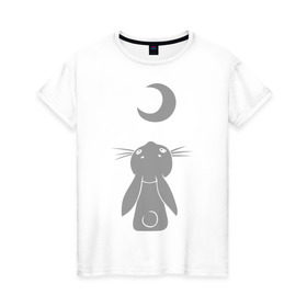 Женская футболка хлопок с принтом Зайчик смотрит на луну в Кировске, 100% хлопок | прямой крой, круглый вырез горловины, длина до линии бедер, слегка спущенное плечо | зайчик | заяц | кролик | луна | месяц | полумесяц