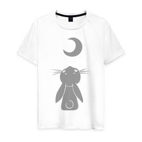 Мужская футболка хлопок с принтом Зайчик смотрит на луну в Кировске, 100% хлопок | прямой крой, круглый вырез горловины, длина до линии бедер, слегка спущенное плечо. | зайчик | заяц | кролик | луна | месяц | полумесяц