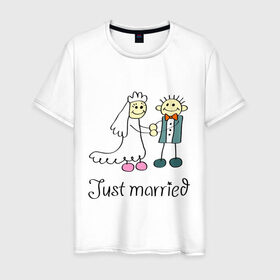 Мужская футболка хлопок с принтом Just married в Кировске, 100% хлопок | прямой крой, круглый вырез горловины, длина до линии бедер, слегка спущенное плечо. | just | married | жених | молодожены | невеста | свадьба