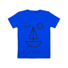 Детская футболка хлопок с принтом Настроение - море в Кировске, 100% хлопок | круглый вырез горловины, полуприлегающий силуэт, длина до линии бедер | Тематика изображения на принте: корабль | лицо | лодка | море | настроение | парус | птица | рожица | солнце | улыбка | чайка | яхта