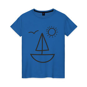 Женская футболка хлопок с принтом Настроение - море в Кировске, 100% хлопок | прямой крой, круглый вырез горловины, длина до линии бедер, слегка спущенное плечо | корабль | лицо | лодка | море | настроение | парус | птица | рожица | солнце | улыбка | чайка | яхта