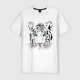 Мужская футболка премиум с принтом Белый тигр в Кировске, 92% хлопок, 8% лайкра | приталенный силуэт, круглый вырез ворота, длина до линии бедра, короткий рукав | белый | голова | красивый | редкий | тигр