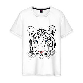 Мужская футболка хлопок с принтом Белый тигр в Кировске, 100% хлопок | прямой крой, круглый вырез горловины, длина до линии бедер, слегка спущенное плечо. | белый | голова | красивый | редкий | тигр