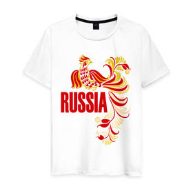 Мужская футболка хлопок с принтом Россия в Кировске, 100% хлопок | прямой крой, круглый вырез горловины, длина до линии бедер, слегка спущенное плечо. | жар | золотая | металл | патриот | птица | россия | русский