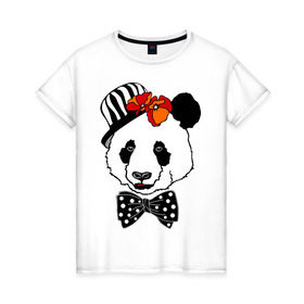 Женская футболка хлопок с принтом Панда с маками в Кировске, 100% хлопок | прямой крой, круглый вырез горловины, длина до линии бедер, слегка спущенное плечо | бабочка | галстук | мак | медведь | панда | цветы | шляпа