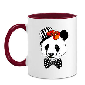 Кружка двухцветная с принтом Панда с маками в Кировске, керамика | объем — 330 мл, диаметр — 80 мм. Цветная ручка и кайма сверху, в некоторых цветах — вся внутренняя часть | бабочка | галстук | мак | медведь | панда | цветы | шляпа