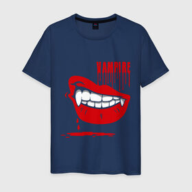 Мужская футболка хлопок с принтом Вампир в Кировске, 100% хлопок | прямой крой, круглый вырез горловины, длина до линии бедер, слегка спущенное плечо. | вампир | губы | зубы | клыки | кровь | улыбка | усмешка | ухмылка