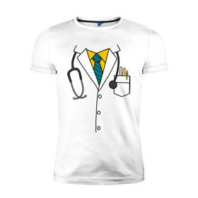 Мужская футболка премиум с принтом Халат врача в Кировске, 92% хлопок, 8% лайкра | приталенный силуэт, круглый вырез ворота, длина до линии бедра, короткий рукав | врач | врачам | доктор | докторам | костюм врача | медик | медикам | стетоскоп | халат врача