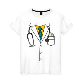 Женская футболка хлопок с принтом Халат врача в Кировске, 100% хлопок | прямой крой, круглый вырез горловины, длина до линии бедер, слегка спущенное плечо | врач | врачам | доктор | докторам | костюм врача | медик | медикам | стетоскоп | халат врача