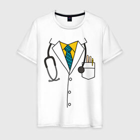 Мужская футболка хлопок с принтом Халат врача в Кировске, 100% хлопок | прямой крой, круглый вырез горловины, длина до линии бедер, слегка спущенное плечо. | врач | врачам | доктор | докторам | костюм врача | медик | медикам | стетоскоп | халат врача