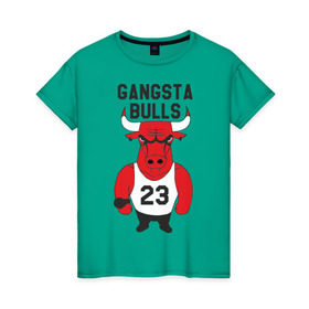 Женская футболка хлопок с принтом Gangsta Bulls в Кировске, 100% хлопок | прямой крой, круглый вырез горловины, длина до линии бедер, слегка спущенное плечо | bulls | chicago | gangsta | бык | гангстер | чикаго