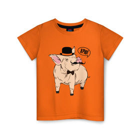 Детская футболка хлопок с принтом Свин в цилиндре в Кировске, 100% хлопок | круглый вырез горловины, полуприлегающий силуэт, длина до линии бедер | бабочка | галстук | джентльмен | кабан | котелок | поросенок | свинья | усы | хрю | хряк | шляпа
