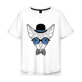 Мужская футболка хлопок Oversize с принтом Сфинкс в цилиндре в Кировске, 100% хлопок | свободный крой, круглый ворот, “спинка” длиннее передней части | бабочка | галстук | кот | котелок | кошка. киса | очки | сфинкс | цилиндр | шляпа