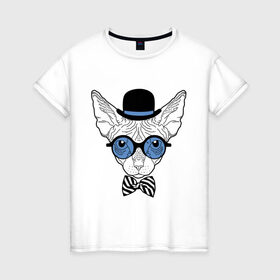 Женская футболка хлопок с принтом Сфинкс в цилиндре в Кировске, 100% хлопок | прямой крой, круглый вырез горловины, длина до линии бедер, слегка спущенное плечо | бабочка | галстук | кот | котелок | кошка. киса | очки | сфинкс | цилиндр | шляпа