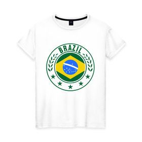 Женская футболка хлопок с принтом Brazil - Бразилия ЧМ-2014 в Кировске, 100% хлопок | прямой крой, круглый вырез горловины, длина до линии бедер, слегка спущенное плечо | бразилия
