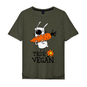 Мужская футболка хлопок Oversize с принтом True vegan (истинный веган) в Кировске, 100% хлопок | свободный крой, круглый ворот, “спинка” длиннее передней части | carrot | flower | rabbit | true | vegan | веган | заяц | истинный | морковка | ролик | цветок | экология