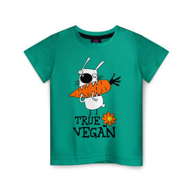 Детская футболка хлопок с принтом True vegan (истинный веган) в Кировске, 100% хлопок | круглый вырез горловины, полуприлегающий силуэт, длина до линии бедер | carrot | flower | rabbit | true | vegan | веган | заяц | истинный | морковка | ролик | цветок | экология