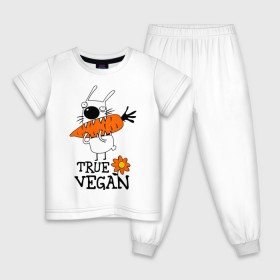 Детская пижама хлопок с принтом True vegan (истинный веган) в Кировске, 100% хлопок |  брюки и футболка прямого кроя, без карманов, на брюках мягкая резинка на поясе и по низу штанин
 | Тематика изображения на принте: carrot | flower | rabbit | true | vegan | веган | заяц | истинный | морковка | ролик | цветок | экология