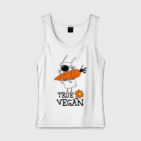 Женская майка хлопок с принтом True vegan (истинный веган) в Кировске, 95% хлопок, 5% эластан |  | carrot | flower | rabbit | true | vegan | веган | заяц | истинный | морковка | ролик | цветок | экология