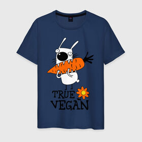 Мужская футболка хлопок с принтом True vegan (истинный веган) в Кировске, 100% хлопок | прямой крой, круглый вырез горловины, длина до линии бедер, слегка спущенное плечо. | carrot | flower | rabbit | true | vegan | веган | заяц | истинный | морковка | ролик | цветок | экология