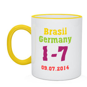 Кружка двухцветная с принтом Бразилия - Германия в Кировске, керамика | объем — 330 мл, диаметр — 80 мм. Цветная ручка и кайма сверху, в некоторых цветах — вся внутренняя часть | 