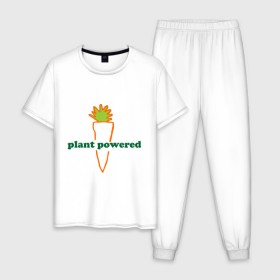 Мужская пижама хлопок с принтом Vegetarian plant powered в Кировске, 100% хлопок | брюки и футболка прямого кроя, без карманов, на брюках мягкая резинка на поясе и по низу штанин
 | Тематика изображения на принте: carrot | plant | power | vegan. vegeterian | веган | вегетарианец | заряжен | морковь | овощи | растение | сила | фрукты
