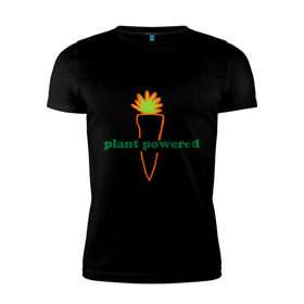 Мужская футболка премиум с принтом Vegetarian plant powered в Кировске, 92% хлопок, 8% лайкра | приталенный силуэт, круглый вырез ворота, длина до линии бедра, короткий рукав | carrot | plant | power | vegan. vegeterian | веган | вегетарианец | заряжен | морковь | овощи | растение | сила | фрукты