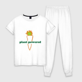 Женская пижама хлопок с принтом Vegetarian plant powered в Кировске, 100% хлопок | брюки и футболка прямого кроя, без карманов, на брюках мягкая резинка на поясе и по низу штанин | carrot | plant | power | vegan. vegeterian | веган | вегетарианец | заряжен | морковь | овощи | растение | сила | фрукты
