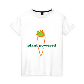 Женская футболка хлопок с принтом Vegetarian plant powered в Кировске, 100% хлопок | прямой крой, круглый вырез горловины, длина до линии бедер, слегка спущенное плечо | carrot | plant | power | vegan. vegeterian | веган | вегетарианец | заряжен | морковь | овощи | растение | сила | фрукты