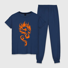 Женская пижама хлопок с принтом Пылающий дракон в Кировске, 100% хлопок | брюки и футболка прямого кроя, без карманов, на брюках мягкая резинка на поясе и по низу штанин | 