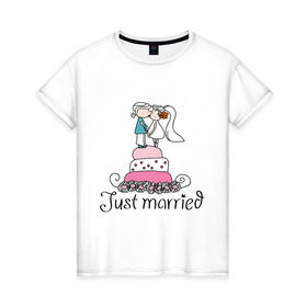 Женская футболка хлопок с принтом Just Married - Свадебный торт в Кировске, 100% хлопок | прямой крой, круглый вырез горловины, длина до линии бедер, слегка спущенное плечо | just married | молодожены | свадебный торт | торт