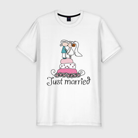 Мужская футболка премиум с принтом Just Married - Свадебный торт в Кировске, 92% хлопок, 8% лайкра | приталенный силуэт, круглый вырез ворота, длина до линии бедра, короткий рукав | just married | молодожены | свадебный торт | торт