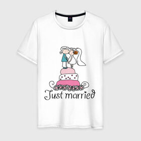 Мужская футболка хлопок с принтом Just Married - Свадебный торт в Кировске, 100% хлопок | прямой крой, круглый вырез горловины, длина до линии бедер, слегка спущенное плечо. | just married | молодожены | свадебный торт | торт