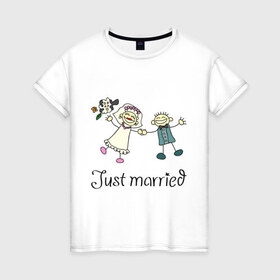 Женская футболка хлопок с принтом Just Married в Кировске, 100% хлопок | прямой крой, круглый вырез горловины, длина до линии бедер, слегка спущенное плечо | 