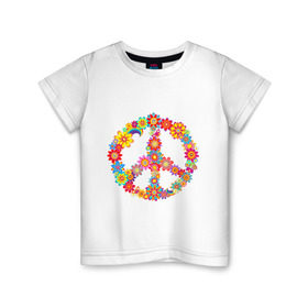 Детская футболка хлопок с принтом Знак PEACE из цветов в Кировске, 100% хлопок | круглый вырез горловины, полуприлегающий силуэт, длина до линии бедер | Тематика изображения на принте: 