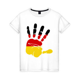 Женская футболка хлопок с принтом Рука Германии в Кировске, 100% хлопок | прямой крой, круглый вырез горловины, длина до линии бедер, слегка спущенное плечо | германия | желтый | красный | ладонь | отпечаток | рука | след | флаг | черный