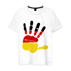 Мужская футболка хлопок с принтом Рука Германии в Кировске, 100% хлопок | прямой крой, круглый вырез горловины, длина до линии бедер, слегка спущенное плечо. | германия | желтый | красный | ладонь | отпечаток | рука | след | флаг | черный
