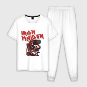 Мужская пижама хлопок с принтом Iron Maiden в Кировске, 100% хлопок | брюки и футболка прямого кроя, без карманов, на брюках мягкая резинка на поясе и по низу штанин
 | гитара | скелет