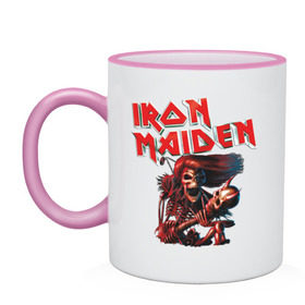 Кружка двухцветная с принтом Iron Maiden в Кировске, керамика | объем — 330 мл, диаметр — 80 мм. Цветная ручка и кайма сверху, в некоторых цветах — вся внутренняя часть | Тематика изображения на принте: гитара | скелет
