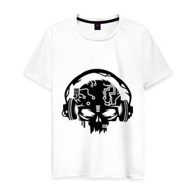 Мужская футболка хлопок с принтом Электро череп в Кировске, 100% хлопок | прямой крой, круглый вырез горловины, длина до линии бедер, слегка спущенное плечо. | кости | музыка | наушники | электро череп