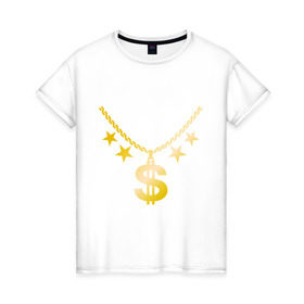 Женская футболка хлопок с принтом Золотой доллар в Кировске, 100% хлопок | прямой крой, круглый вырез горловины, длина до линии бедер, слегка спущенное плечо | доллар | звезда | золото | цепь