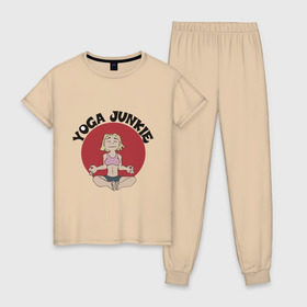 Женская пижама хлопок с принтом Йога - зависимость в Кировске, 100% хлопок | брюки и футболка прямого кроя, без карманов, на брюках мягкая резинка на поясе и по низу штанин | 