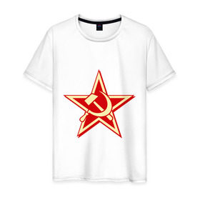 Мужская футболка хлопок с принтом Слава советскому человеку в Кировске, 100% хлопок | прямой крой, круглый вырез горловины, длина до линии бедер, слегка спущенное плечо. | звезда | красный | молот | патриот | ретро | серп | ссср