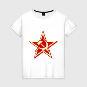 Женская футболка хлопок с принтом Слава советскому человеку в Кировске, 100% хлопок | прямой крой, круглый вырез горловины, длина до линии бедер, слегка спущенное плечо | Тематика изображения на принте: звезда | красный | молот | патриот | ретро | серп | ссср